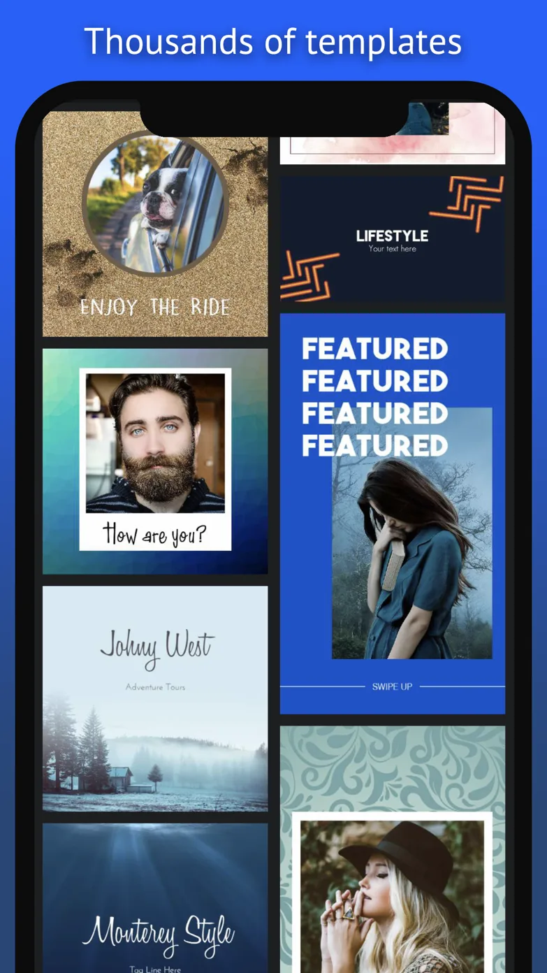 Social Post Pro template gallery under the banner “Thousands of templates” — a two-column grid of designs including a dog leaning out a car window captioned “Enjoy the ride”, a Polaroid-style portrait asking “How are you?”, a “Johny West Adventure Tours” forest scene, a dark “Lifestyle” card and a “Featured” fashion story
